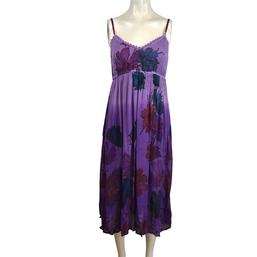 MKY Purple Floral Ombre Rayon Midi Dress Lace Trim Smock Back Women Small 11570